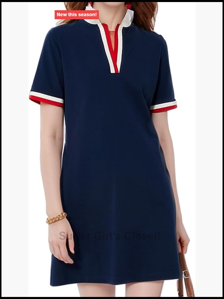 Short Sleeve V Neck Polo Dress With Pockets Cotton Blend